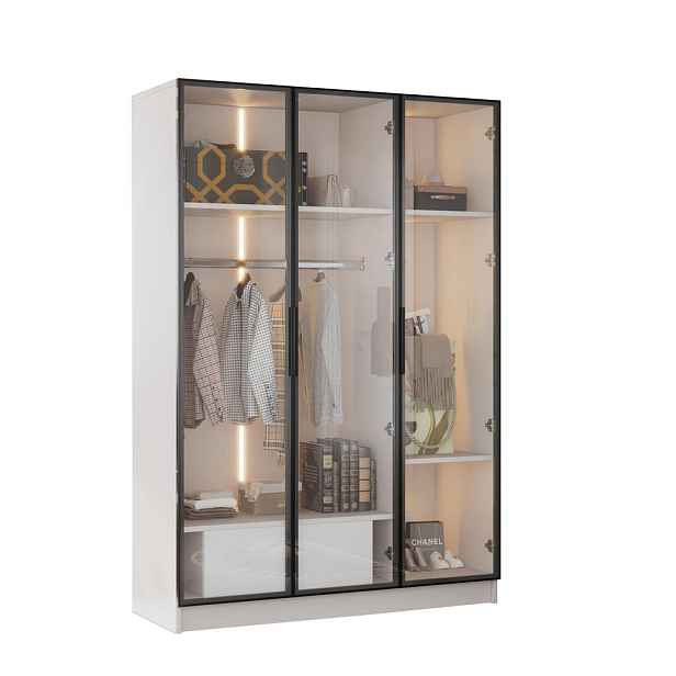 Redom ŠATNÍ skříň 110/50/160 cm s LED osvětlením, 3 skleněnými dveřmi a zásuvkou, Bílá