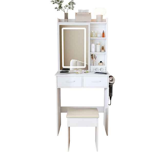 Redom TOALETNÍ stolek 81/54/16 cm s LED osvětlením, USB porty, zásuvkami a taburetem, Bílá