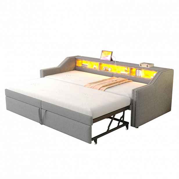 Redom ČALOUNĚNÁ postel 90/180x200 cm s výsuvným lůžkem, LED osvětlením a USB portem, světle šedá