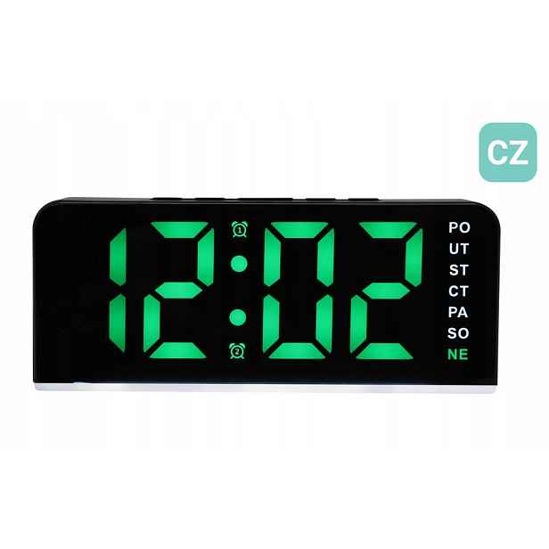 Zelený Budík Led Jvd SB8033.1, Teploměr, Podsvícení Dnů V Češtině