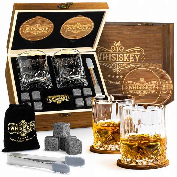 Dárková Sada na Whisky 2 Křišťálové Sklenice 8 Kamenů na Whisky