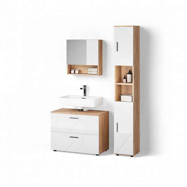 Livinity® KOUPELNOVÝ NÁBYTEK Ronco, Bílá vysoký lesk/Zlatý mocný dub, 3dílná