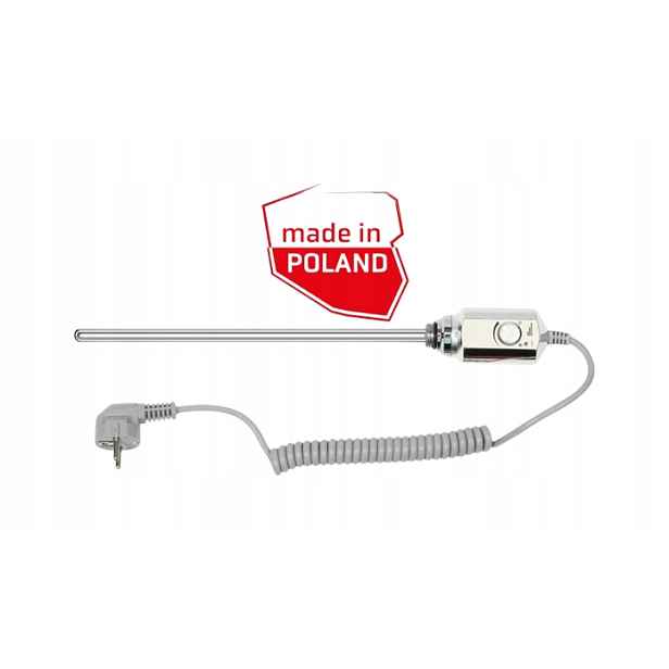 Polská topná tyč pro koupelnové radiátory, termostat, závit 1/2" 300 W, chrom