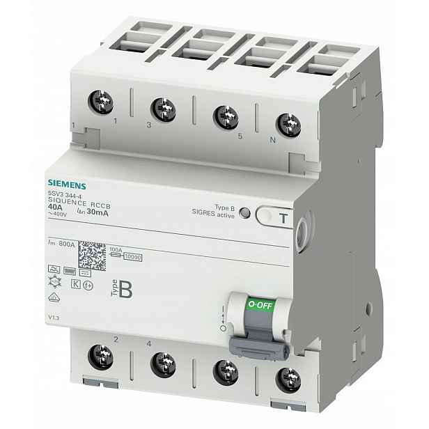 Siemens Rccb, 4-pólový, typ B, krátkodobě zpožděný, In: 40 A, 30 mA