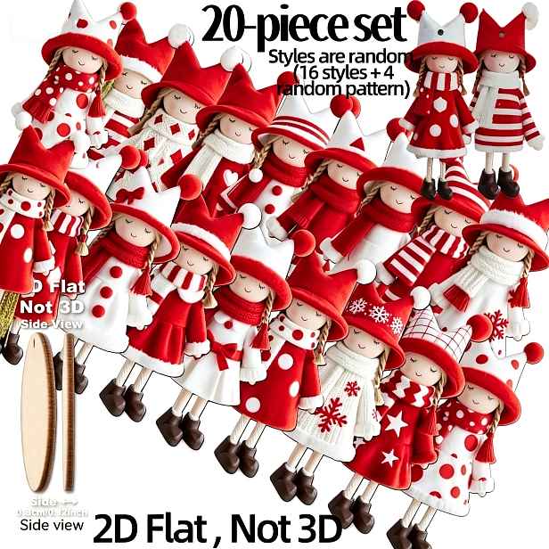 TEMU 2D plochá - Sada 20 ks (16 stylů a 4 náhodné vzory) Klasické červeno-bílé vánoční čepice, dřevěná závěsná dekorace - Styl je náhodný - Dekorace