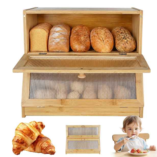 Bambusový chlebník 2 úrovně pro skladování pečiva a pečiv 40x25 cm