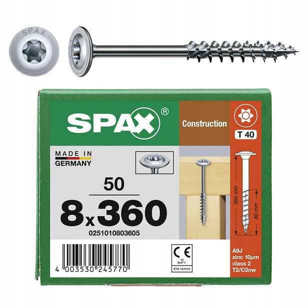 Tesařské Vruty Do Dřeva 8x360 S Talířovou Hlavou Torx Spax 50 Ks