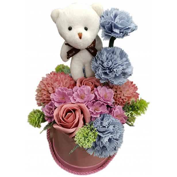 Flower Box Mýdlové Květy Kytice Jako Dárek Růže Valentýn Narozeniny Medvídek