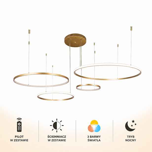 Závěsná Led lampa Ring 4 Kroužky Zlatá Dálkový Ovladač Obývací pokoj Jídelna 90W