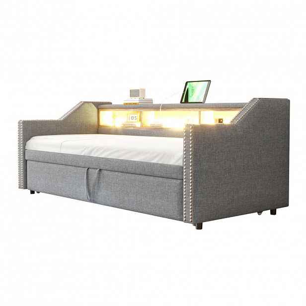 Redom ČALOUNĚNÁ postel 90/180 x 190 cm s výsuvným lůžkem, úložnými přihrádkami, LED osvětlením a USB portem, Světle šedá