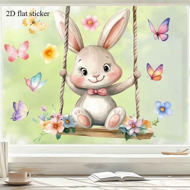 TEMU 2D ploché - 2D ploché - 2D ploché skleněné samolepky, dekorativní nástěnné umění s otáčejícího se králíka, snadná údržba, snadná instalace,