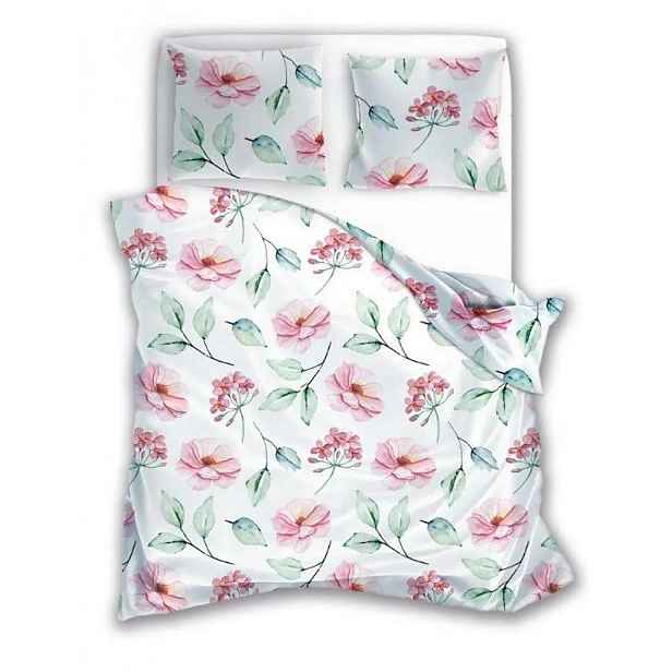 Elegantní Bílé Ložné Povlečení Růžové Květy Zelené Listy Provence 160x200