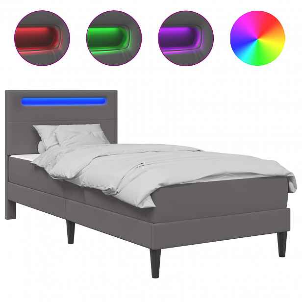 vidaXL Rám postele s LED pásky s čelo Šedá 90 x 190 cm Umělá kůže