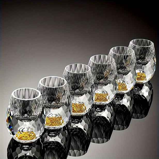 TEMU 2ks/6ks Luxusní Křišťálové Zlaté Horské Panáky, 0.5oz/15ml, Ručně Vyrobené Skleničky na Whisky a Vodku pro Domácí Bar Dekorace