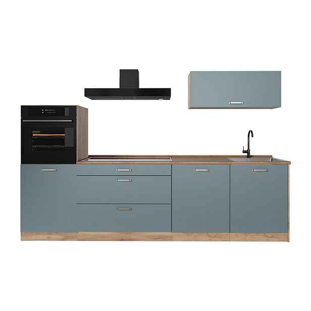Vicco KUCHYŇSKÝ KOUT R-Line, Modrošedá/Zlatý mocný dub, 280 cm pracovná doska Dub Goldkraft