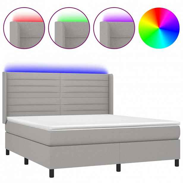 vidaXL Box spring postel s matrací a LED světle šedá 180x200 cm textil