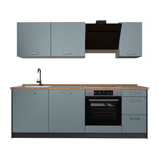 Vicco KUCHYŇSKÝ KOUT R-Line, Modrošedá/Antracit, 220 cm pracovná doska Dub Goldkraft