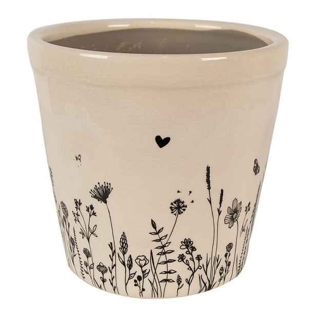 Béžový keramický obal na květináč s lučními květy Flora And Fauna XL - Ø 21*20cm Clayre & Eef