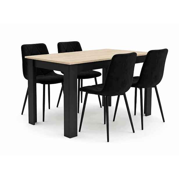 Jídelní stůl 120x80 cm, dekor dub sonoma s černými nohami 4 čalouněné židle v černé barvě
