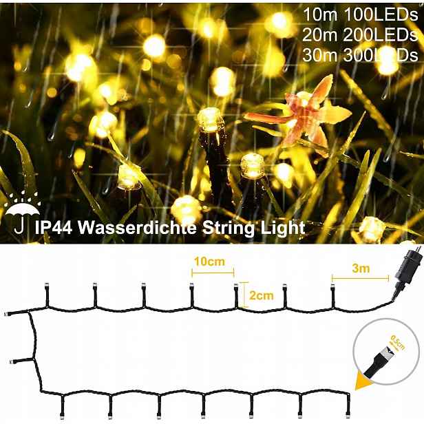 Meision Světelný řetěz venkovní, 30 m, 300 Led diod, 8 režimů