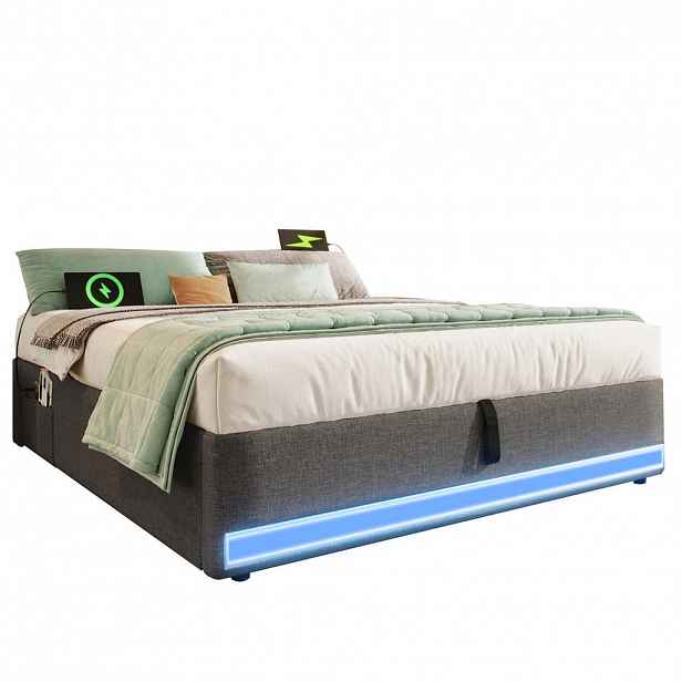 Redom ČALOUNĚNÁ postel 140/200 cm s LED osvětlením, USB a USB-C portem, hydraulickým úložným prostorem a kapsami, z lnu a MDF, Šedá