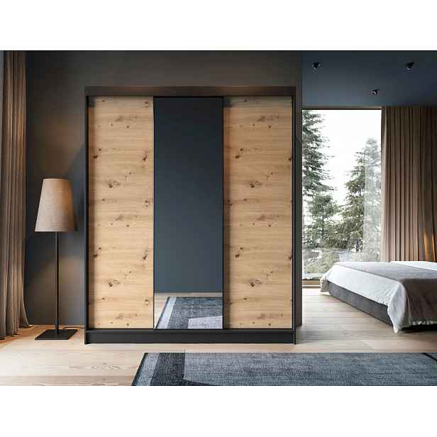Šatní skříň s posuvnými dveřmi a zrcadlem 180 cm OLIVIERA - černá / dub artisan