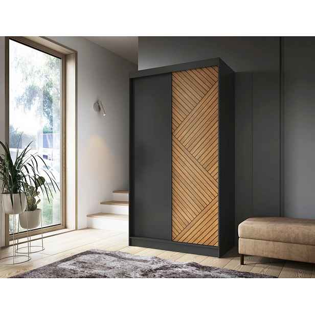 Šatní skříň s posuvnými dveřmi 120 cm VALORA - černá / dub karamel