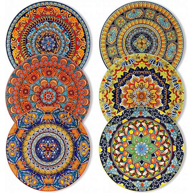 Jídelní Talíře 6 Ks 25 CM Keramické Boho Barevné Do Myčky
