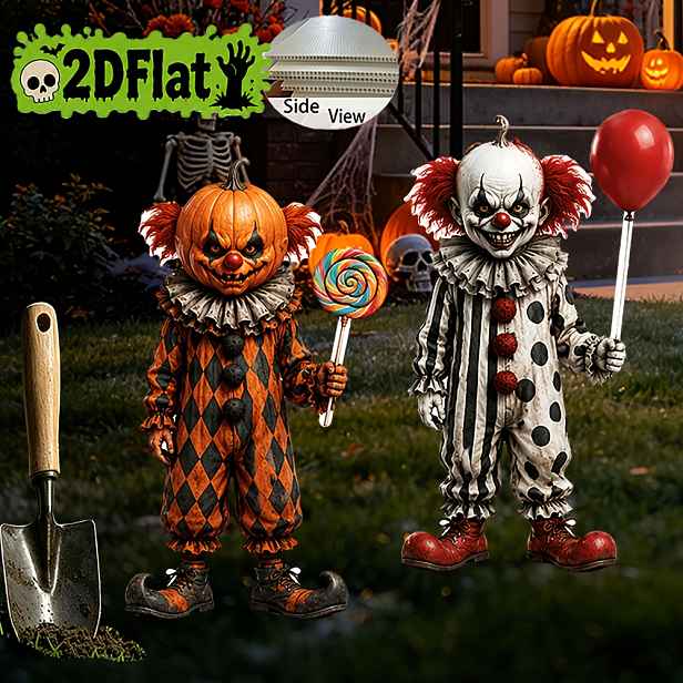 TEMU 2D Plochý, [2D Plochý] 2D Plochý, [2D Plochý] 2ks 2D PLOCHÝ Halloweenský Klaun Držící Lízátko a Balónek Tématická Venkovní Zahradní Tyčová