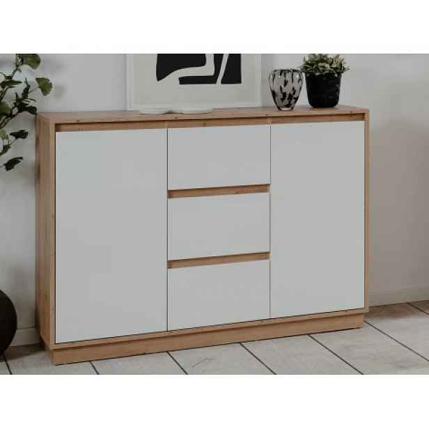 Komoda se šuplíky Dallas, 117 cm, dub artisan/leskle bílá
