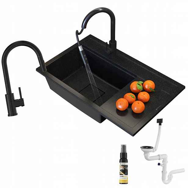 Dřez Granitové Černé Skvrnité Rendo Kuchyňská Baterie Moderní Set