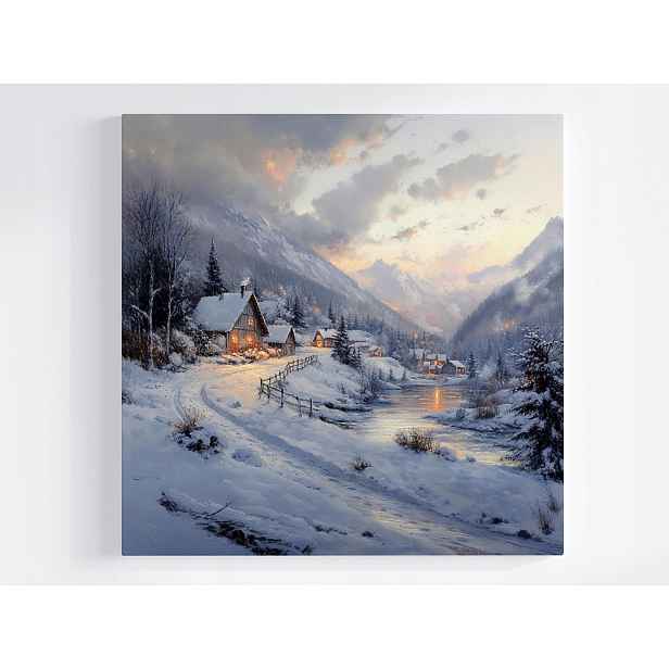 Obraz Na Plátně Canvas Zimní Krajina Domky Řeka Hory Sníh Zima 50x50