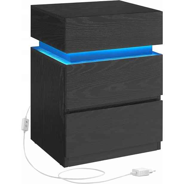 Noční stolek s Led osvětlením, 3 zásuvky, černý dekor dřeva