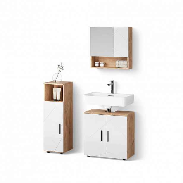 Livinity® KOUPELNOVÝ NÁBYTEK Ronco, Bílá vysoký lesk/Zlatý mocný dub, 3dílná
