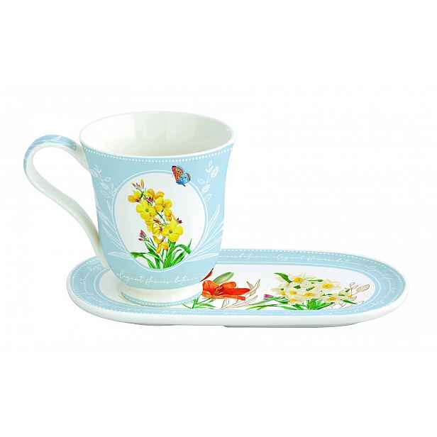 Porcelánový hrnek 350 ml modrý s růžičkou a podstavcem, sladký hrníček