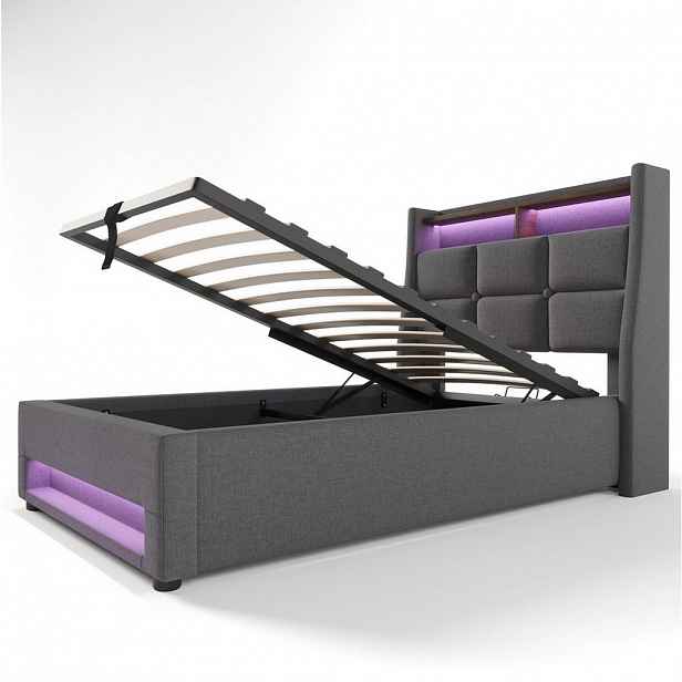 Redom ČALOUNĚNÁ postel 90/200 cm s LED osvětlením, 2 USB porty a úložným prostorem včetně matrace, Šedá