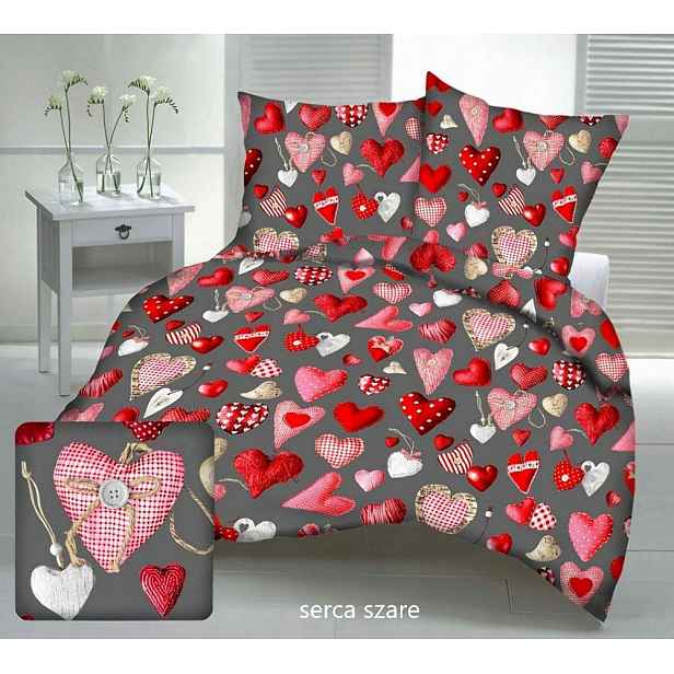 Krepové povlečení 200x220 šedá tmavá červená valentýnská srdíčka na knoflíky