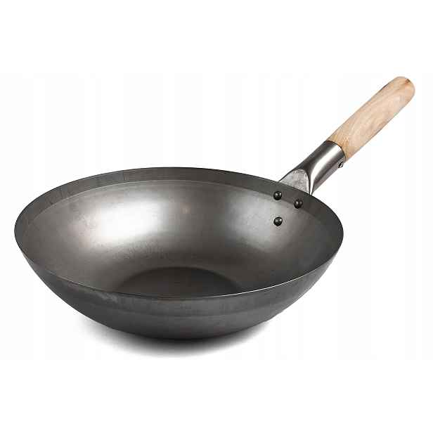 Pánev Wok 30 Ocel Uhlíková Ploché dno dřevěná rukojeť rychlé smažení