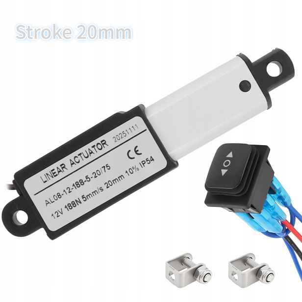 12V Lineární Aktuátor 20mm Zdvih 5mm/s 188N pro Skříně/Zásuvky/Automatizaci