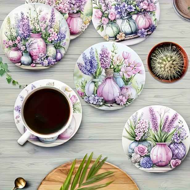 TEMU Sada 6 elegantních tácků s potiskem levandule a tulipánů - Vyrobeno z dřevovláknitého kompozitu, tepelně odolné, protiskluzové podložky pod
