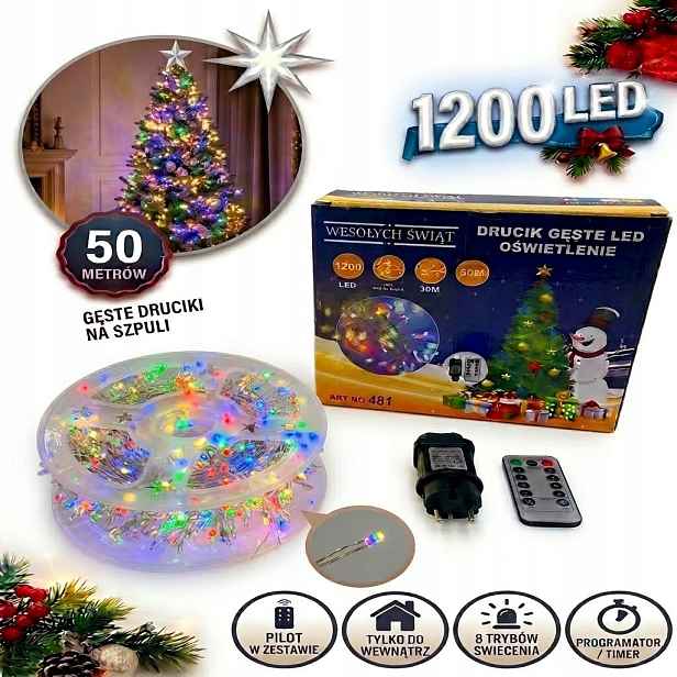 Vánoční Osvětlení Na Stromeček Drátek Barva 1200 Led 50 m Dálkové ovládání Multicolor