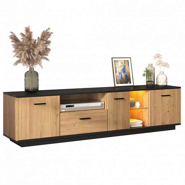 Modfu TV stolek z MDF 180x37x45 cm černá a dekor dřeva s LED osvětlením, 3 dvířky a zásuvkou