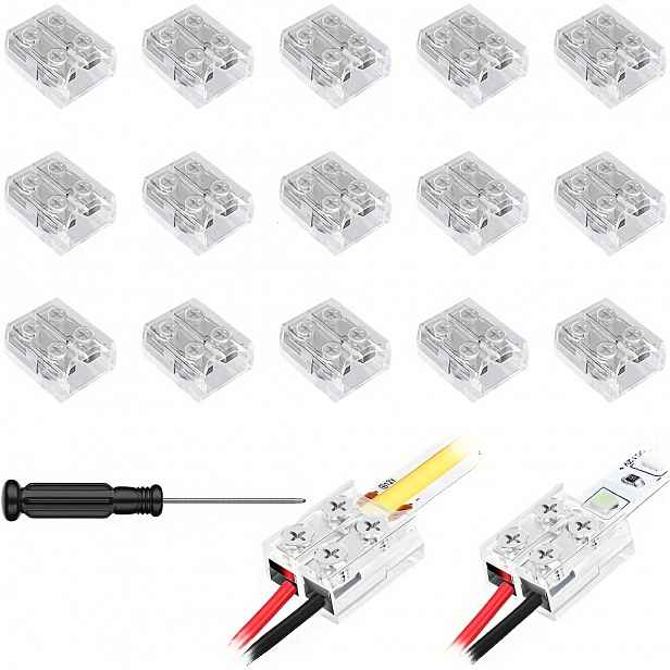 TEMU 15 kusů 2-párových 10mm LED páskových konektorů, průhledných, bez pájení, kabelu na kabel pro COB a SMD LED pásky - Zahrnuje šroubovák, ideální