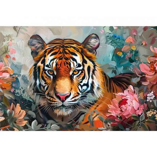 Obraz na plátně Tygr v květech, 90x60 cm, efekt olejomalby