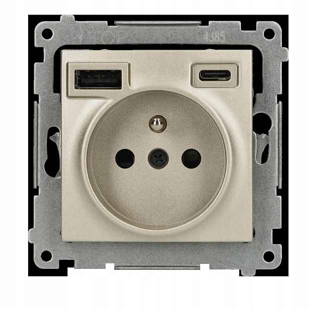 Zlatá elektrická zásuvka s nabíječkou pro telefony 2XUSB Kontakt Simon 54