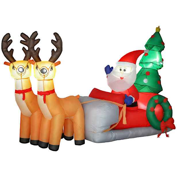 Outsunny 216 cm nafukovací Santa Claus na saních se 2 soby s LED světly