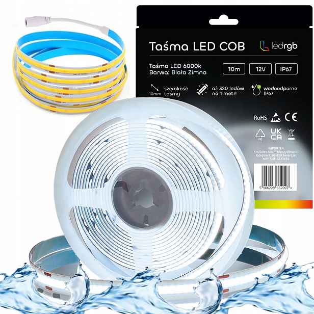 Led pásek Neon Cob 12V 10 m 320 diod 6000K Bílá Studená Voděodolná IP67 10mm