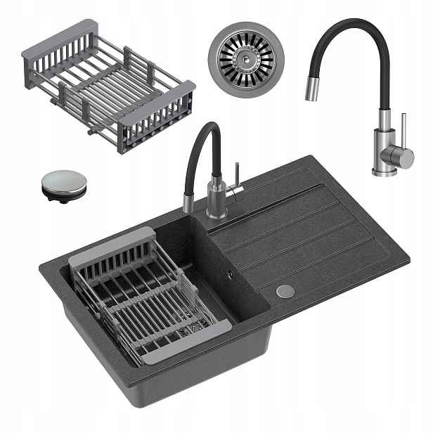 myQ Dřez Seul 11 dřez granitový černý sada baterie 77x44