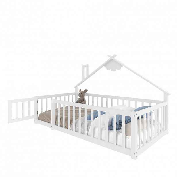 OKWISH DĚTSKÁ postel 90/190 cm bílá z borovice a MDF ve tvaru domečku se zábranou
