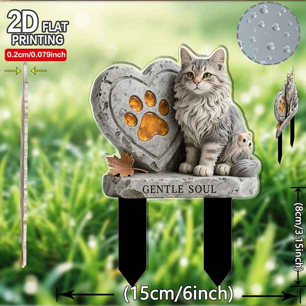TEMU 2D Plochý, [2D Plochý] 1ks Srdcový Zahradní Kolík ve Tvaru Kočky - Roztomilá Pamětní Značka s Koťátkem a Otiskem Tlapky Vhodná pro Domov,